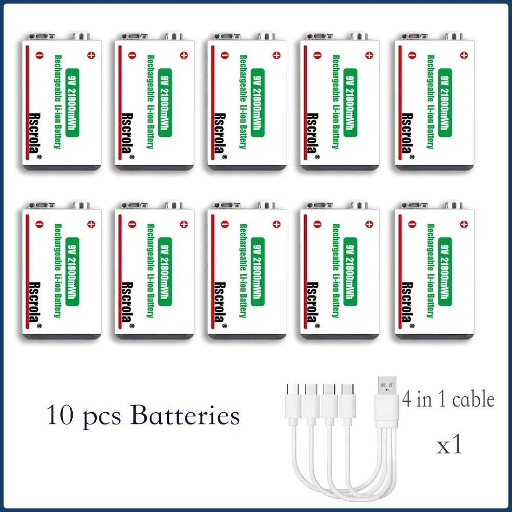 9V Lithium ion Rechargeable Battery 21800mWh High Capacity Long-Lasting for Guitar Microphone Smoke Detector Pedal with Cable Oasis Select 10 pcs 9v Battery 9v