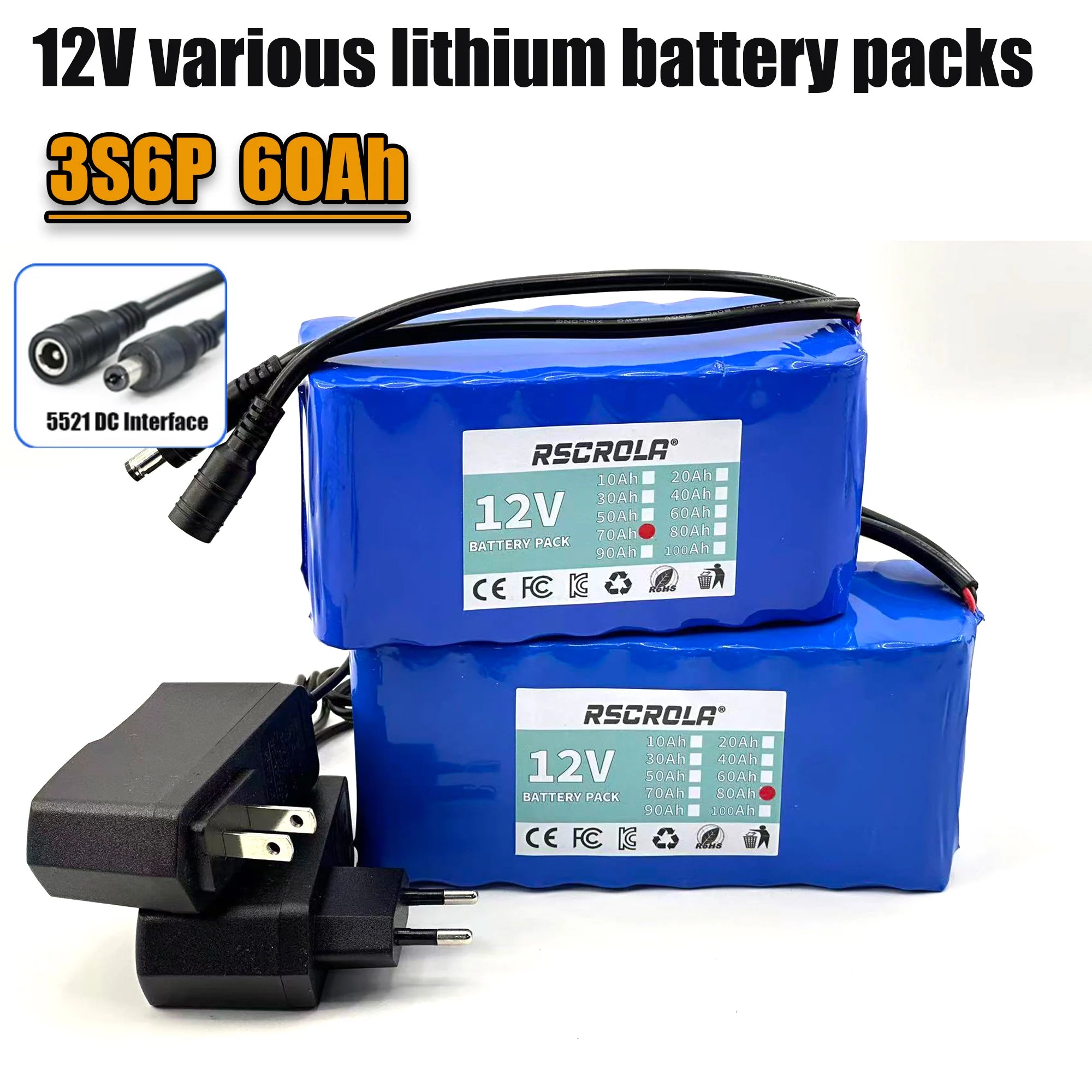 12V 20Ah-60Ah 3S6P 18650 Lithium Ion Battery Pack with BMS + Charger Super Large Capacity Rechargeable DC12.6V Oasis Select