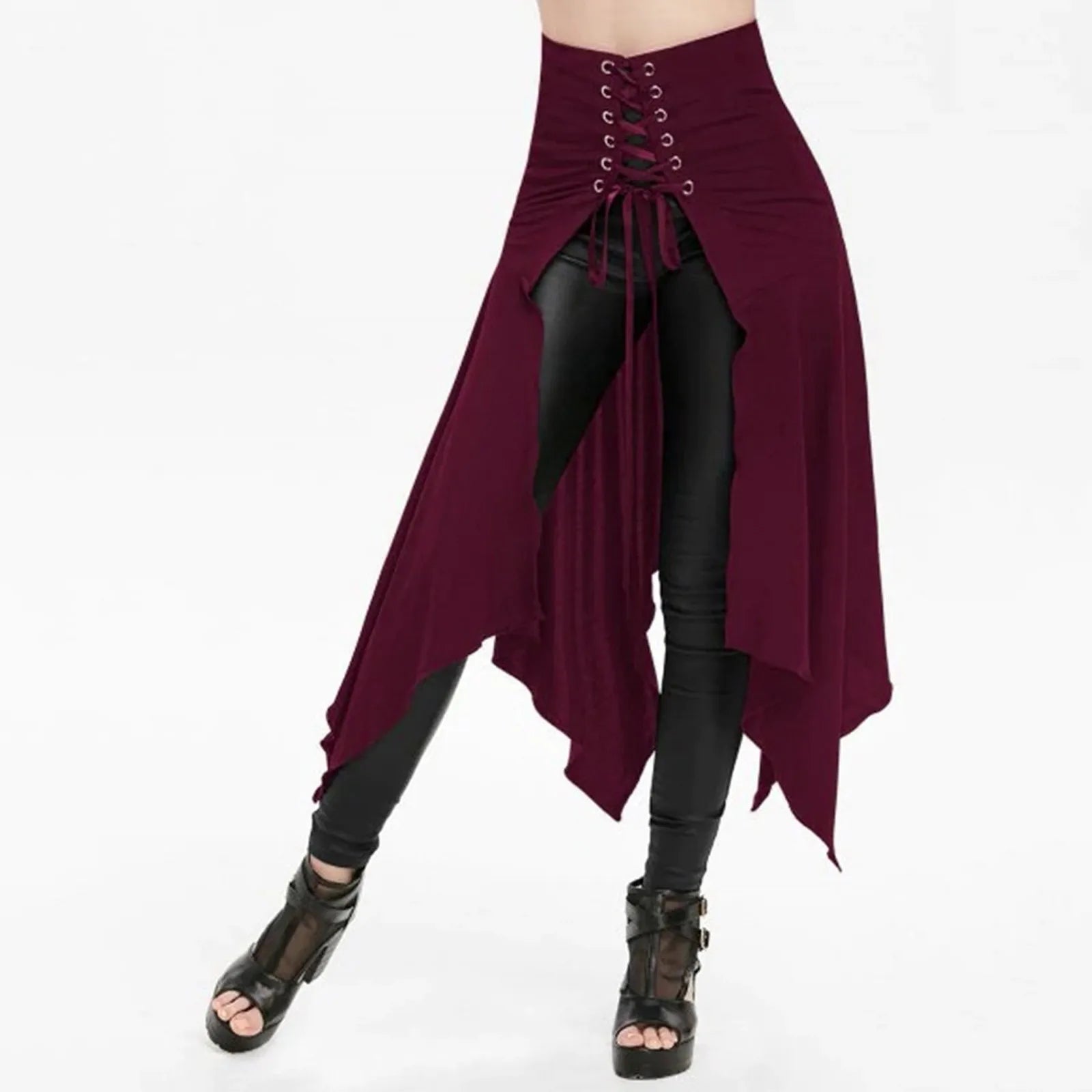 Gothic Black High Waist Irregular Long Skirt | Steampunk Women Gothic Long Skirt Oasis Select Wine S