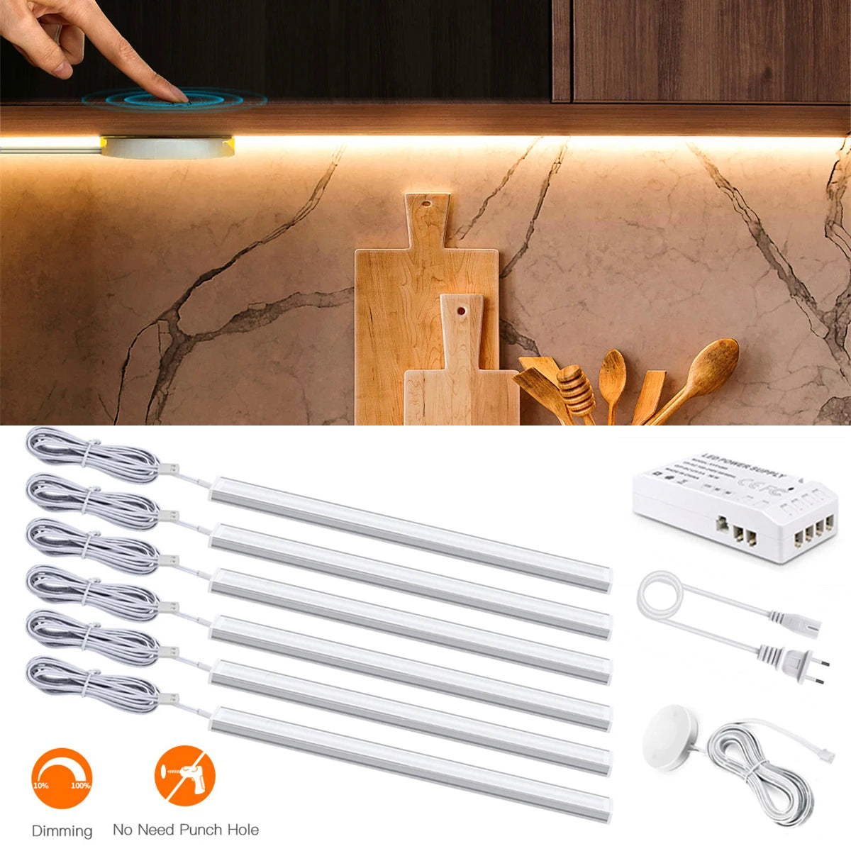 1-6pcs Kitchen LED Under Cabinet Light 12V Penetrable Touch Switch Wood Hand Scan Motion Sensor Dimmable LED Bar Night Lamp EU Oasis Select