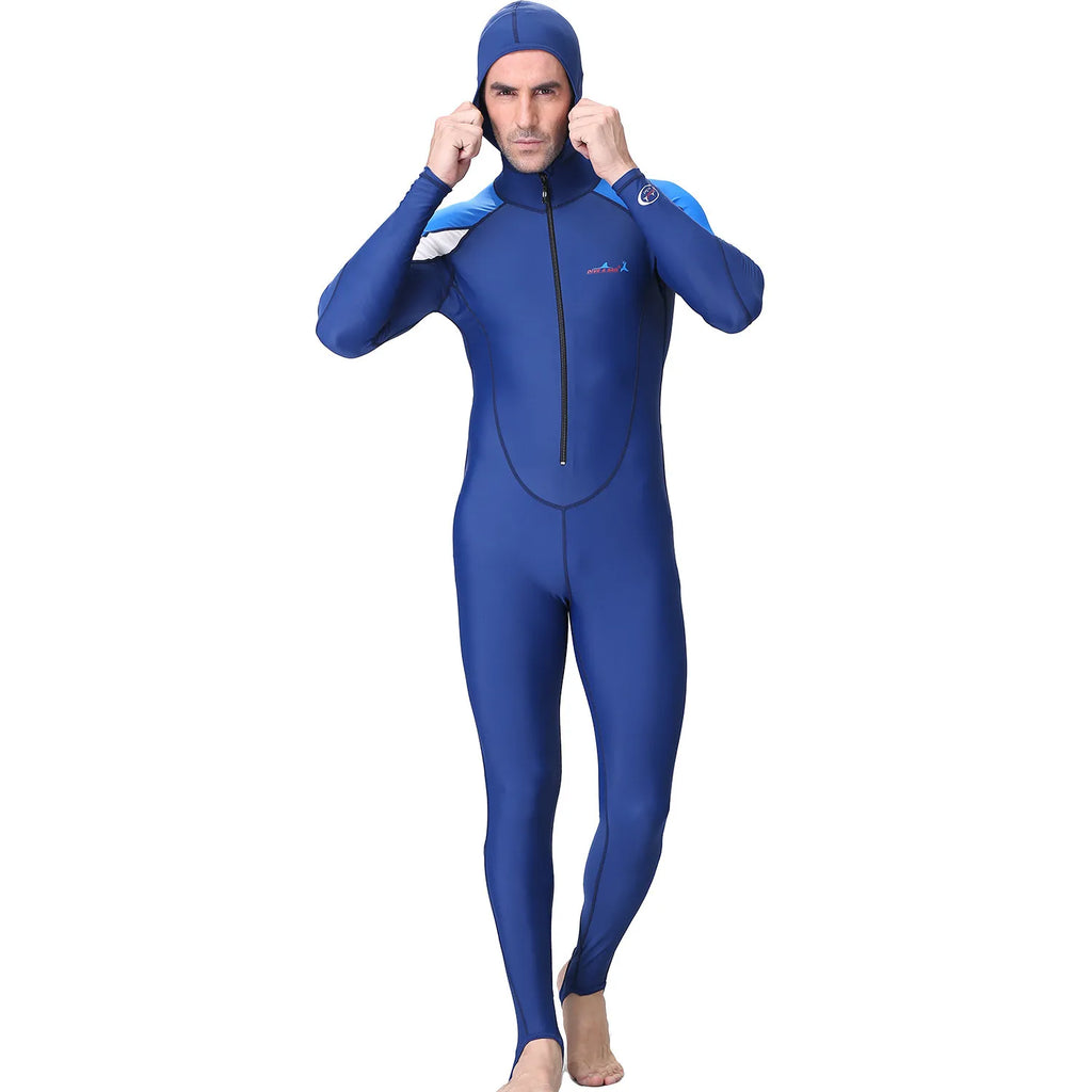 UPF 50+ Diving Suit One Piece Swimsuit Rash Guard Men Women Long Sleeve Swimwear with hood Quick-dry Plus Size Oasis Select Blue L