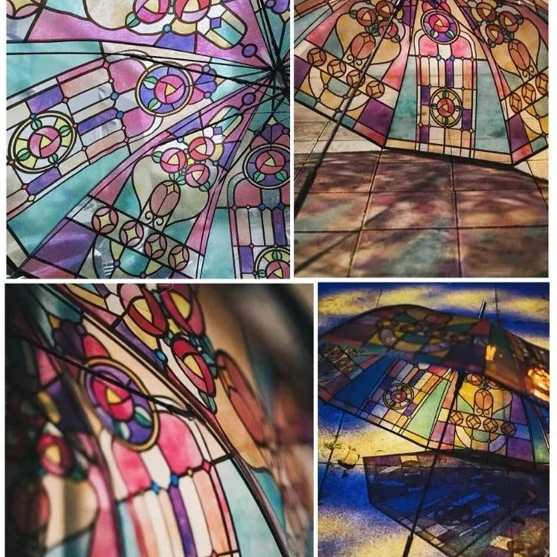 Church Retro Transparent Large Umbrella Stained Glass Transparent Umbrella Automatic Romantic Sunny Dual Use Of Rain And Light Oasis Select