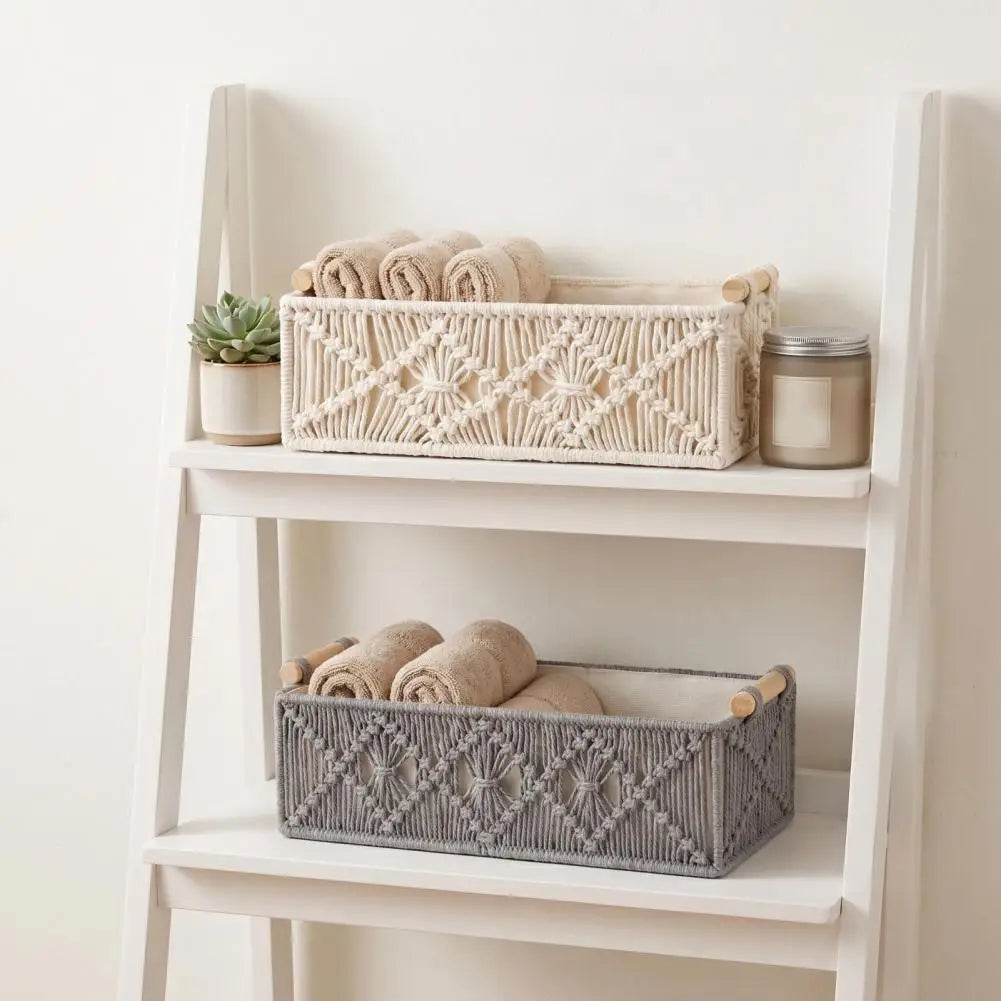 Storage Box with Wooden Handles Large Capacity Woven Design Basket Home Countertop Organizer for Cosmetics And Sundries Oasis Select