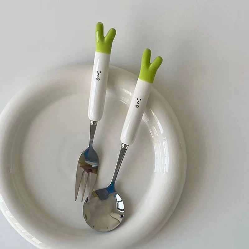 1Pcs Cute Cartoon Green Onion Stainless Steel Ceramic Tableware Creative Family Spoon and Fork Birthday Gifts for Boys Girls Oasis Select