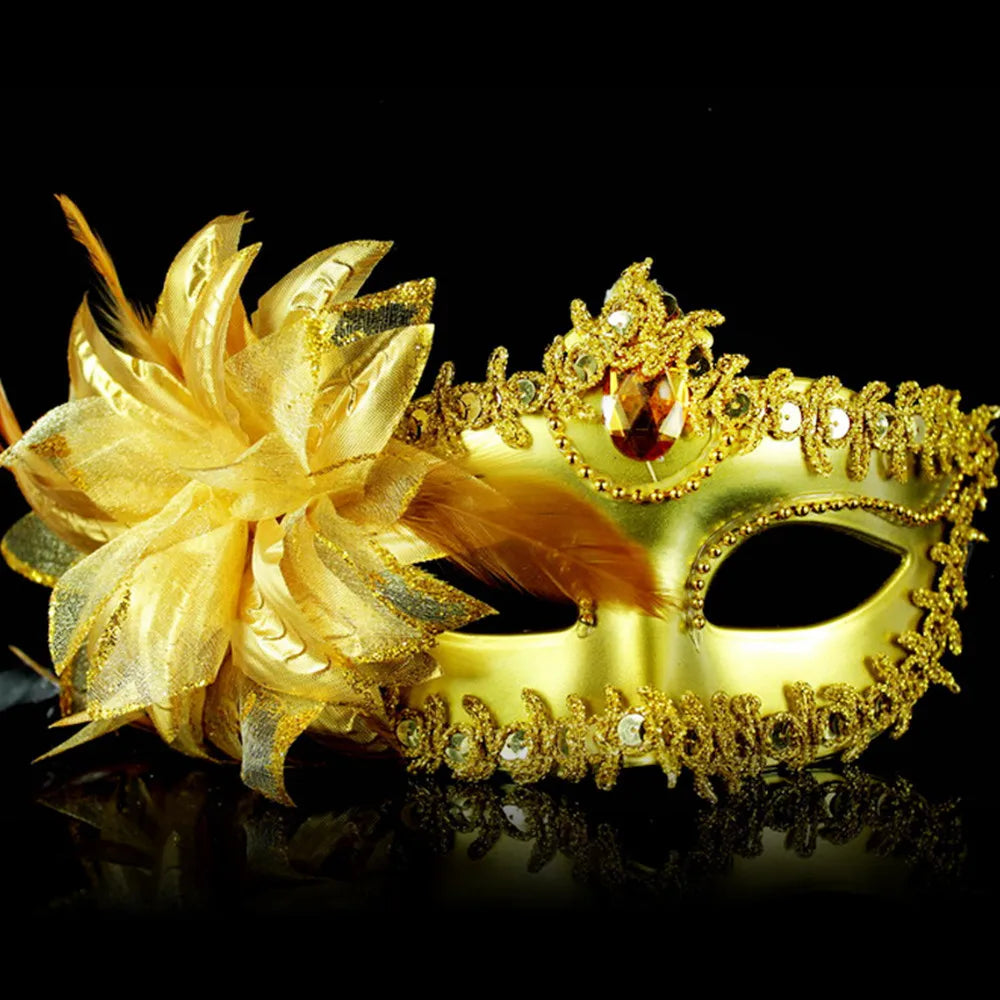 Dance Party Diamond Venetian Mask Feather Flower Wedding Carnival Performance Costume Sexy Lady Mask Masquerade Christmas Oasis Select Gold
