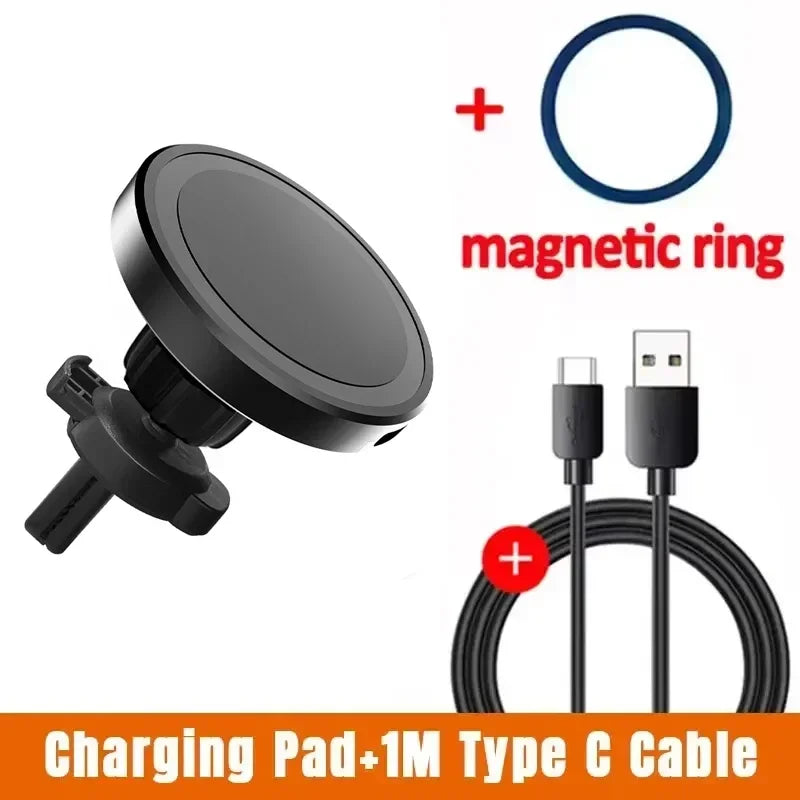 Air Vent Wireless Car Charger For MagSafe iPhone 13-17 Pro Max & Fast Charging Stand Clip Phone Holder Stable Grip Oasis Select Black With Cable