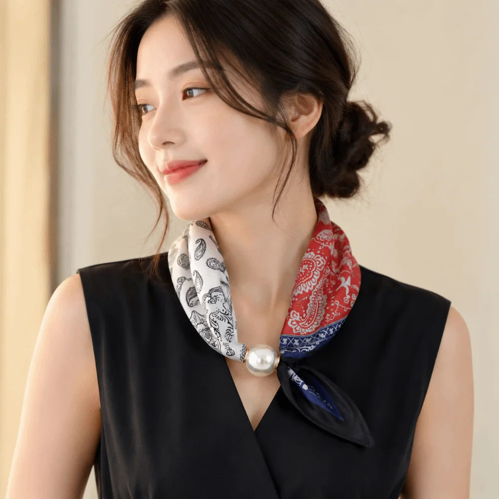 Elegant Breathable Silk Scarf Pearl Buckle Printed Magnetic Snap Scarf Lightweight Thin Faux Pearl Scarf for Women Accessories Oasis Select