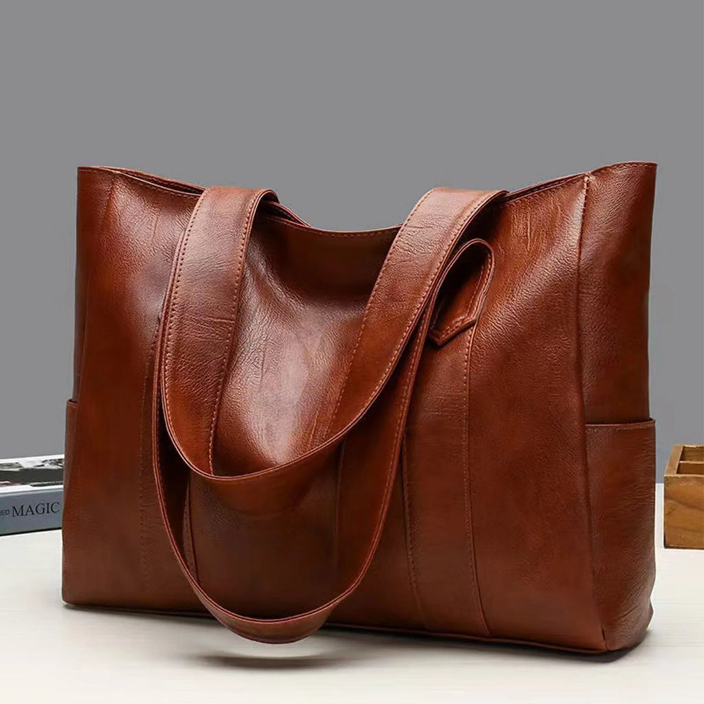 Women's Large Capacity PU Leather Tote Shoulder Handbag Leather Tote Handbag Oasis Select Brown One Size
