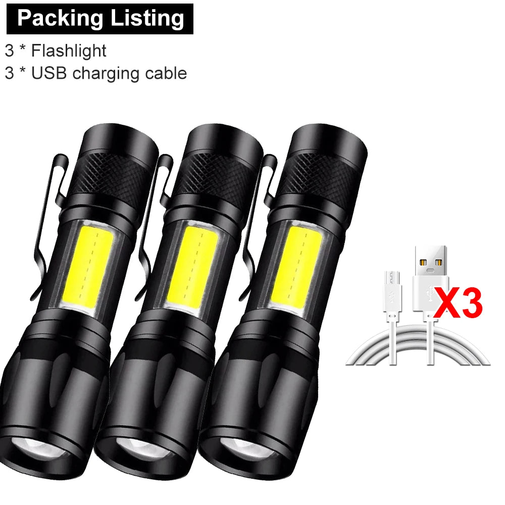 Mini Rechargeable LED Flashlight COB+XPE Portable Torch Camping Lantern Zoomable Focus Light Tactical Flashlight with Pen Clip Oasis Select 3PCS Built in battery