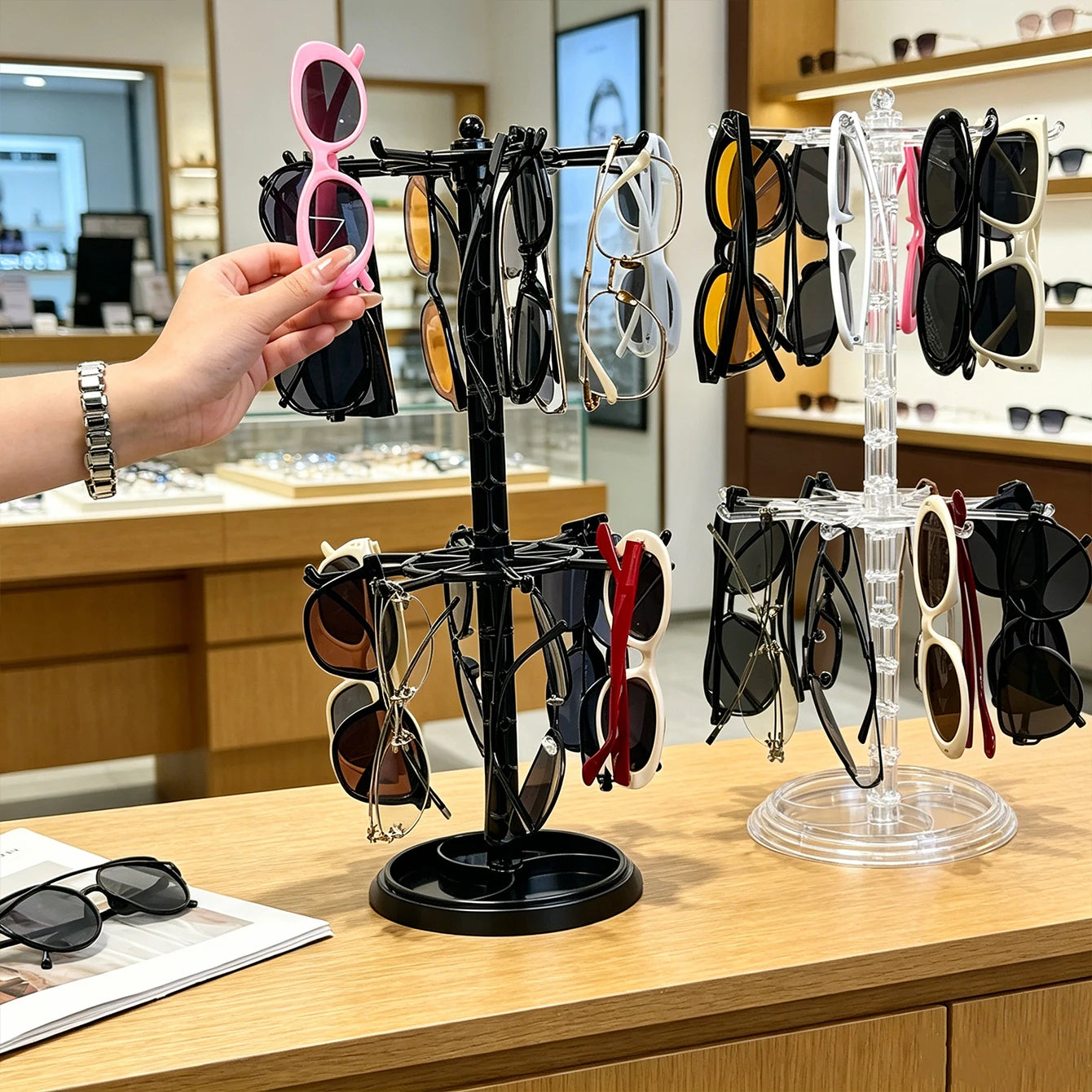 1pc adjustable black/transparent glasses display storage hanging bag two-layer height rotatable sunglasses countertop holder Oasis Select