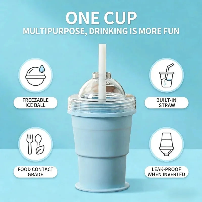 New Portable Foldable Ice Ball Cup with Built-in Straw Food-Grade Silicone Ice Maker Mold Summer Outdoor Travel Tumbler Oasis Select