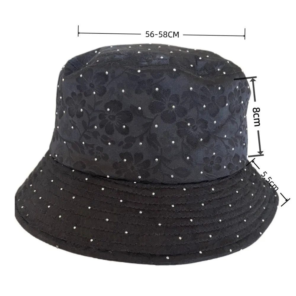 Elegant Floral Print Women Bucket Hat Rhinestone Decor Breathable Floral Print Fisherman Hat Sunscreen Protection Comfortable Oasis Select