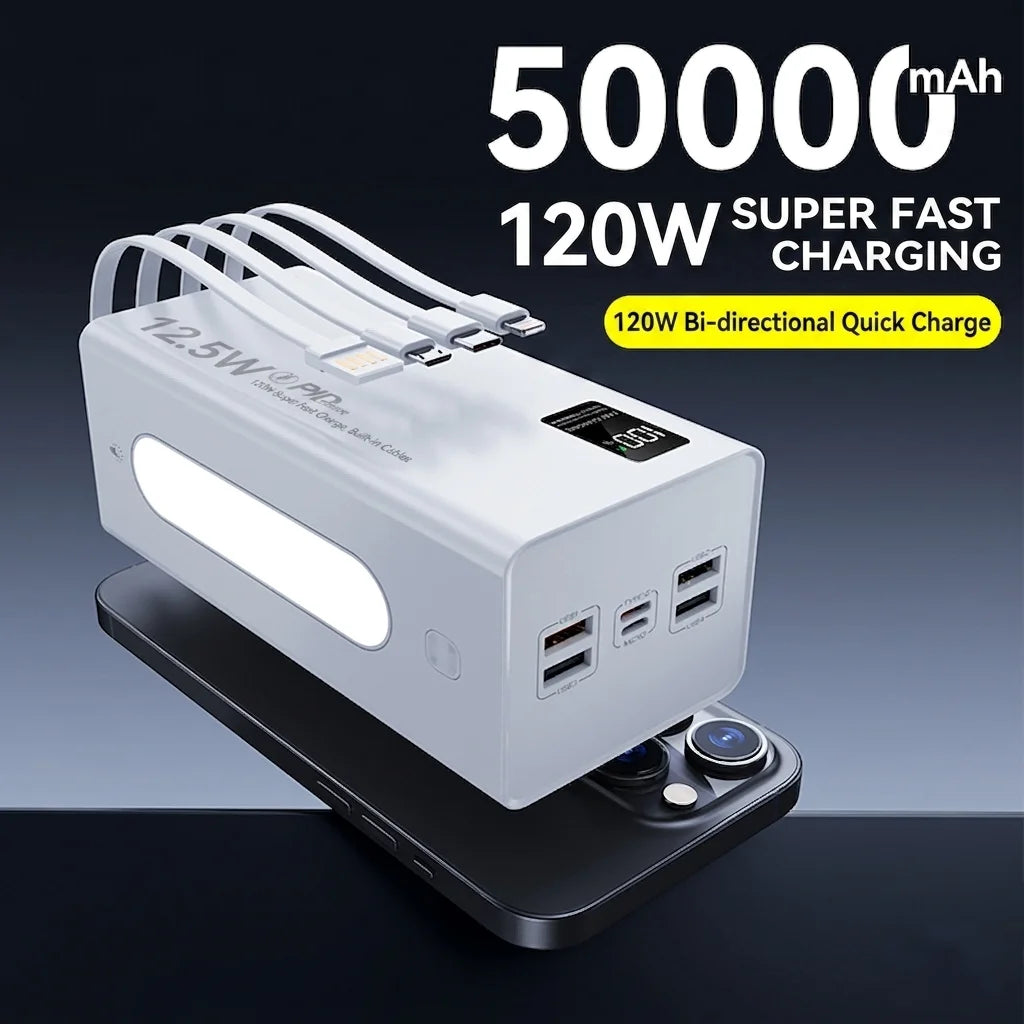 50000mAh Power Bank 120W Fast Charging Portable Charger Built-in Cable External Battery Pack PD USB C LED Display Powerbank Oasis Select