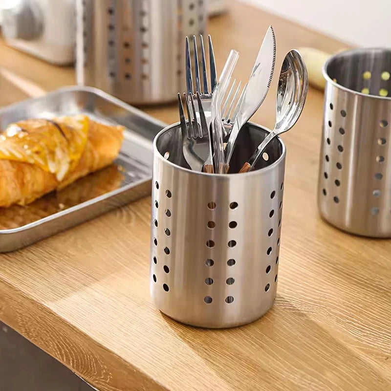 Stainless Steel Cutlery Holder Kitchen Storage Basket - Spoon Fork Chopsticks Organizer Container Drainer for Home Organization Oasis Select