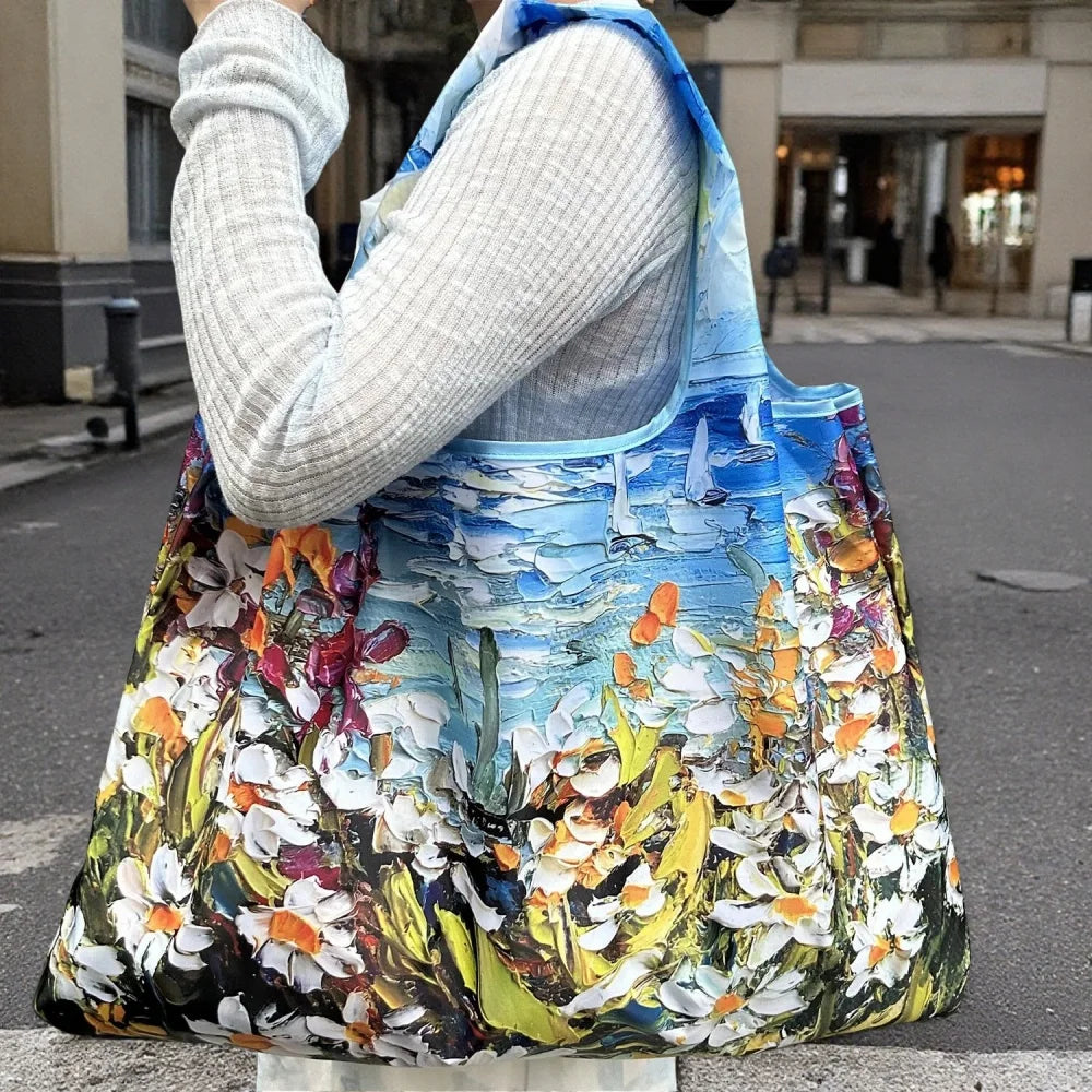 Oil Painting Print Folding Shopping Bag Portable Design Large Capacity Square Shopping Bag Foldable Feature Positioning Design Oasis Select Style 2
