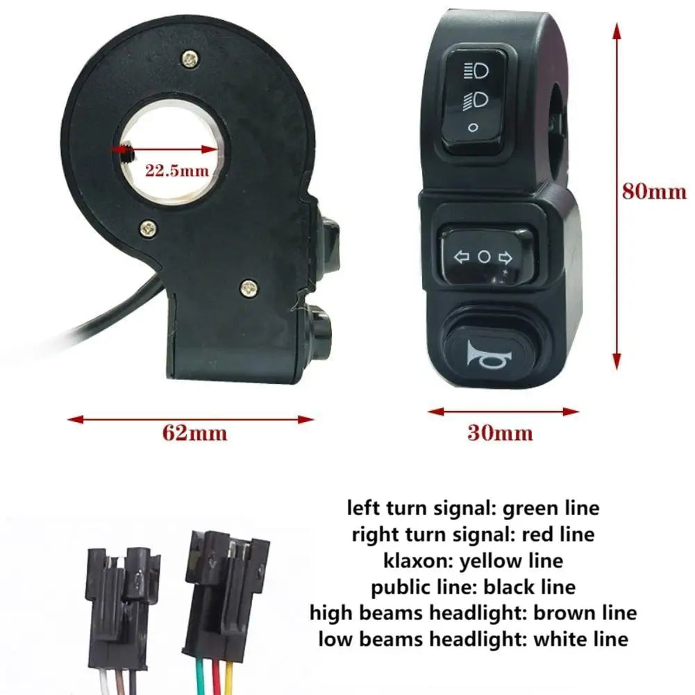 Motorcycle 4-Pin/6-Pin E-bike Headlight Switch with Turn Signal and Klaxon Control 170cm Cable for 22mm Handlebar Oasis Select