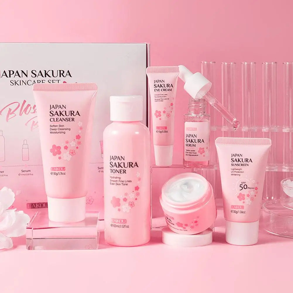 6PCs Sakura Skin Care Sets & Kits With Cleanser,Serum,Eye Cream,Sunscreen Cream Beauty Products For Women Gift Sets Routine Kit Oasis Select