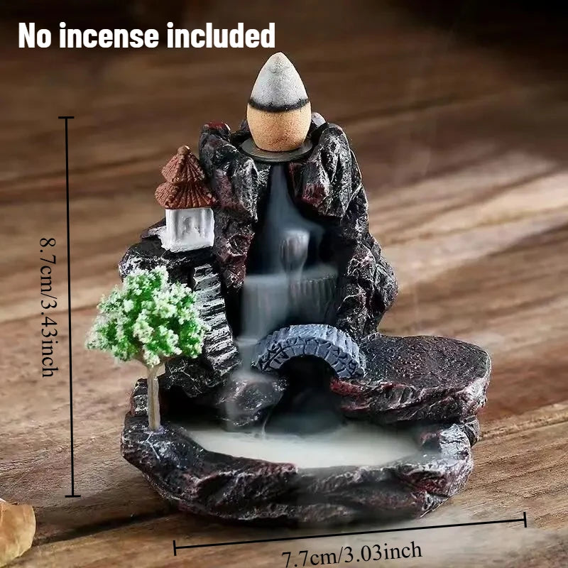 Mountain River Backflow Incense Burner Waterfall Incense Holder with Bridge & Pagoda Decor for Yoga Studio Home Aromatherapy Oasis Select 7.7x5.8x8.7cm