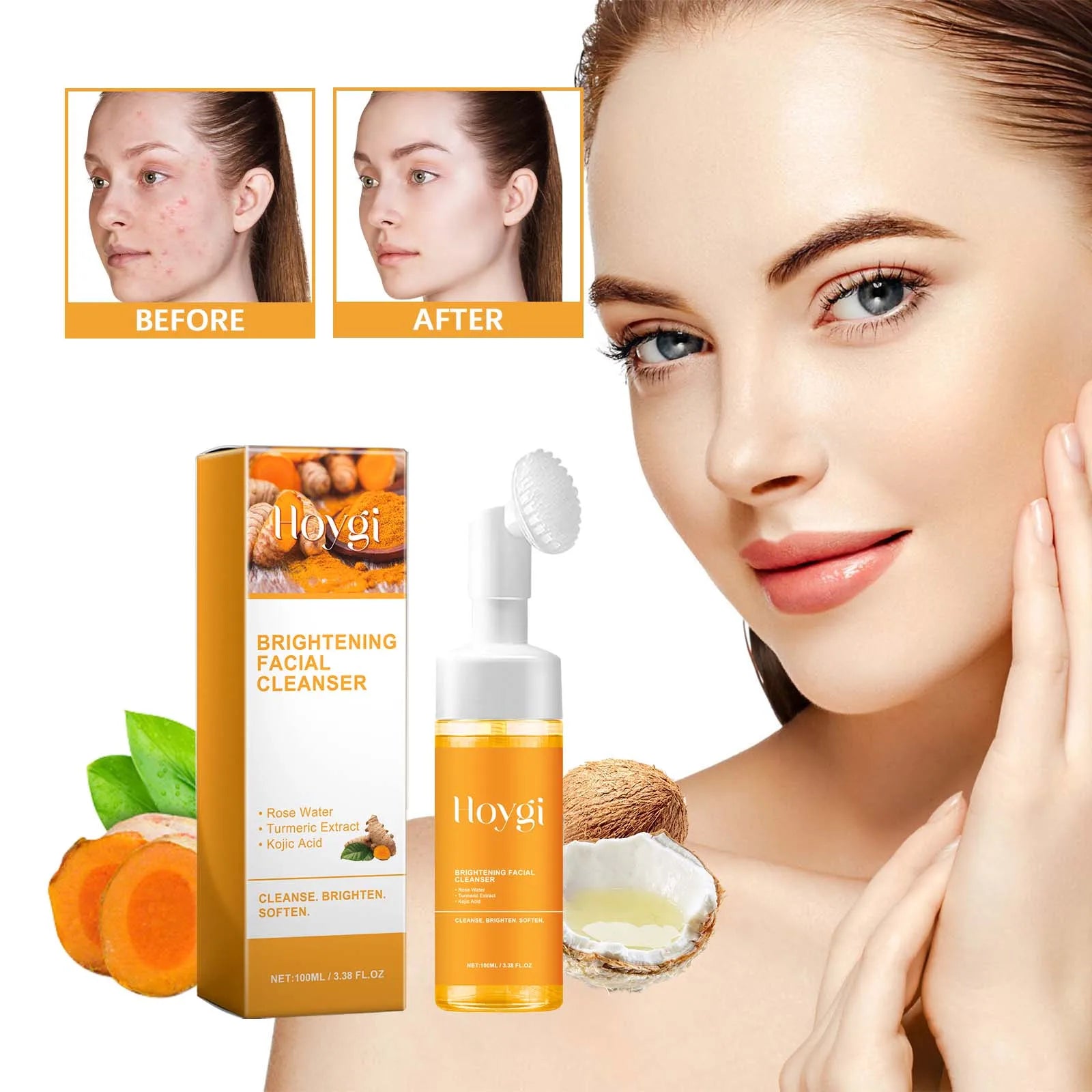 HOYGI Turmeric Kojic Acid Cleanser Foam Deep Clean Anti Acne Oil Control Fade Marks Blackhead Remover Brightening Face Was Oasis Select