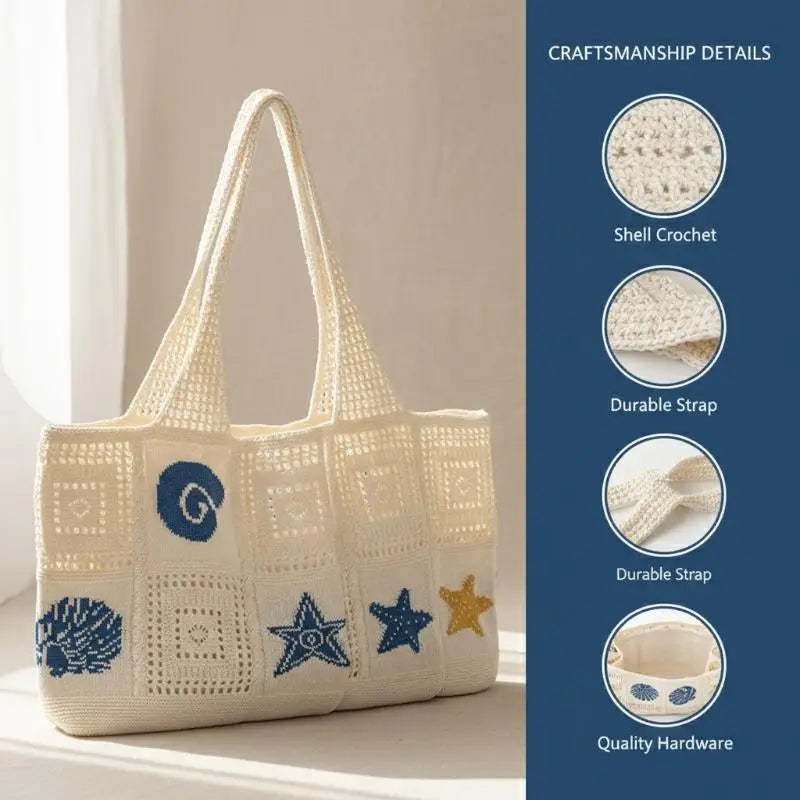 White Apricot Shell Woven Tote Bag – Women's Beach Purse