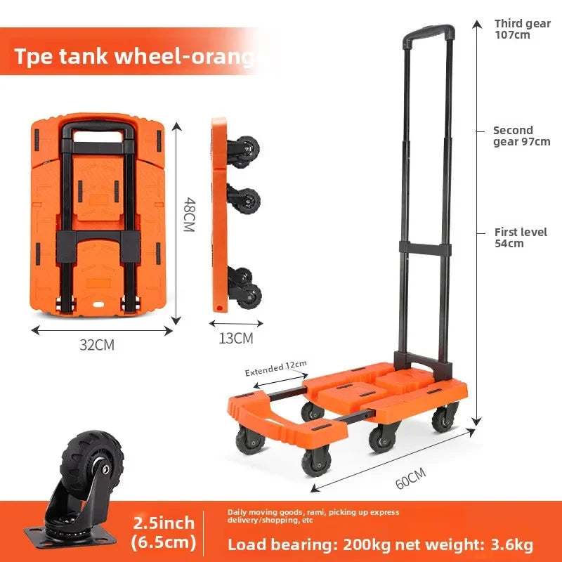 Multi-functional Hand-pulled truck, flatbed truck, portable trailer, trolley, moving truck, six wheels Durable Oasis Select BY01-B-Orange
