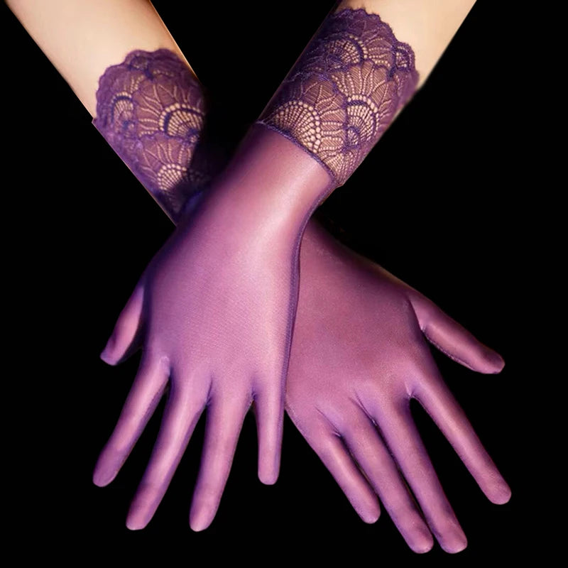 Women Oil Glossy Tight Stocking Gloves Sexy High Elastic Transparent Ultra-Thin Clubwear Short Wrist Gloves Oasis Select pueple lace trim
