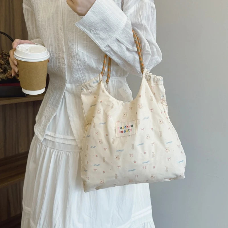 Cartoon Rabbit Print Canvas Tote Bag Portable Foldable Grocery Bag Lightweight Handbag for Women Daily Use & Travel Oasis Select