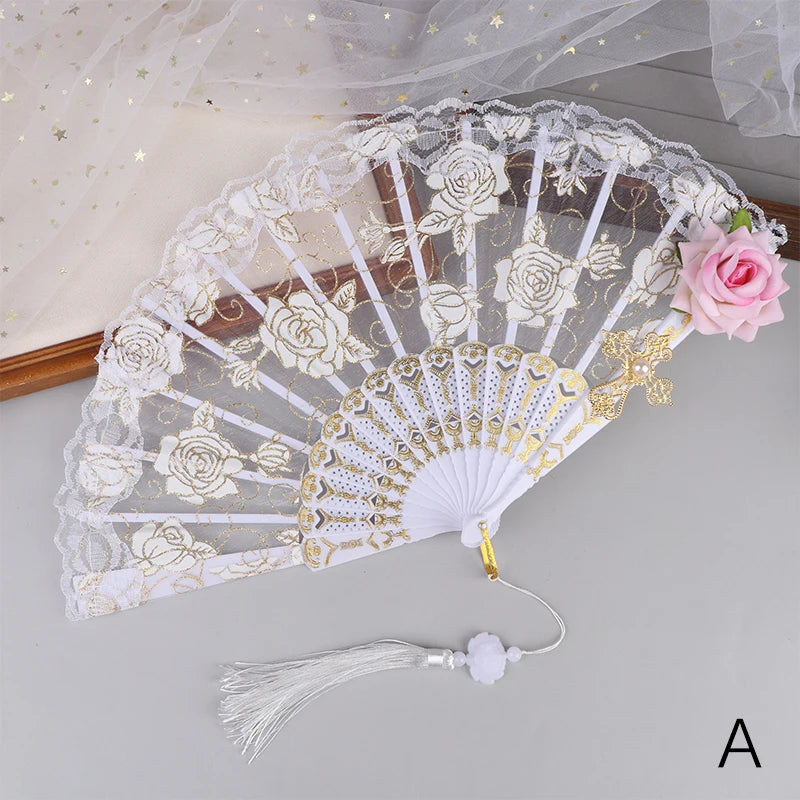Ladies Lace Folding Hand Fan with Tassels | Wedding & Dance