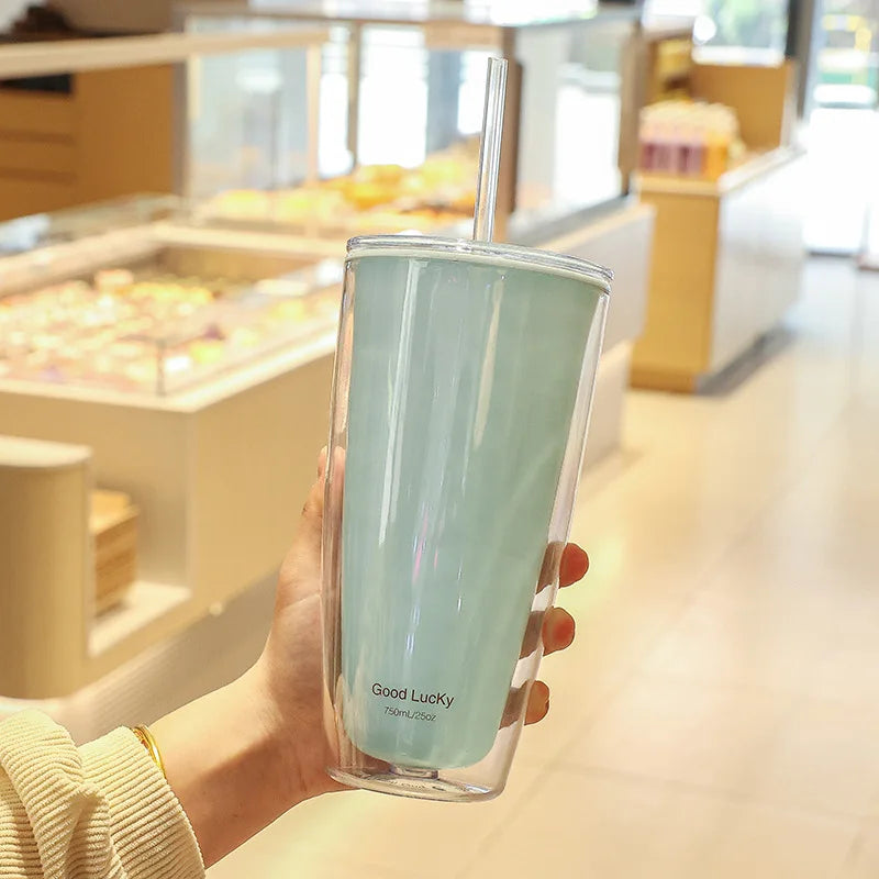 750ml Plastic Straw Cups Double-Layer with Straw Large Capacity Reusable Water Bottle for Drinking Coffee Mug Juice Milk Cup Oasis Select Blue 750ml