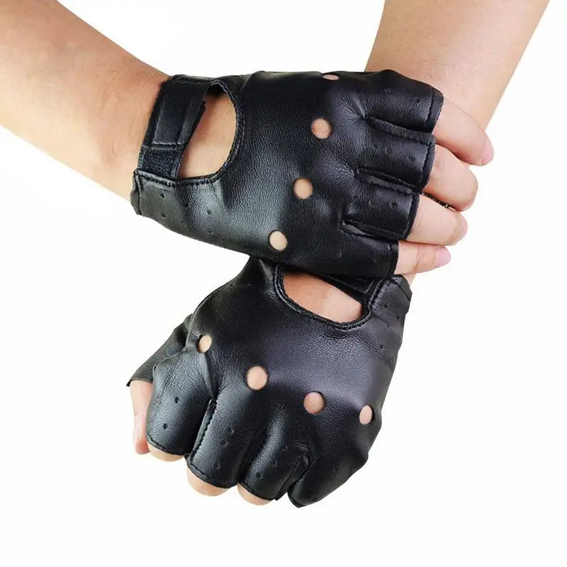 Unisex Synthetic Leather Polyurethane Black Fingerless Gloves Solid Woman Half Finger Driving Women Men Fashion Transport Gloves Oasis Select