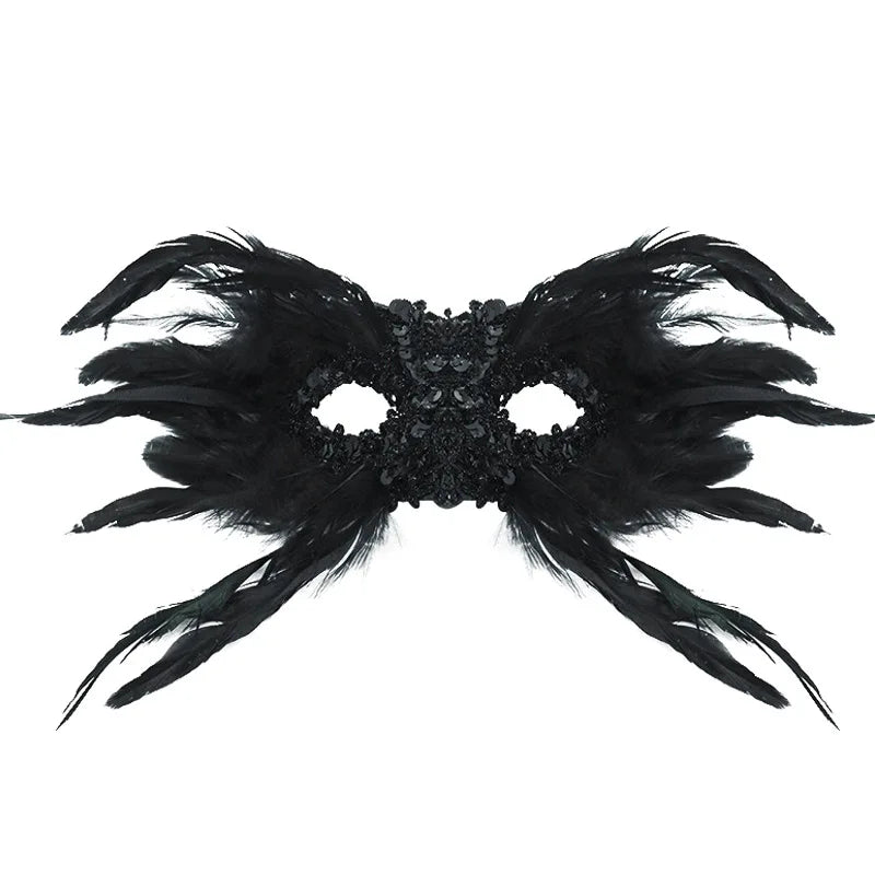 Gothic Halloween Feather Half-face Mask Performance Ball Eye Mask Sequins Oasis Select black