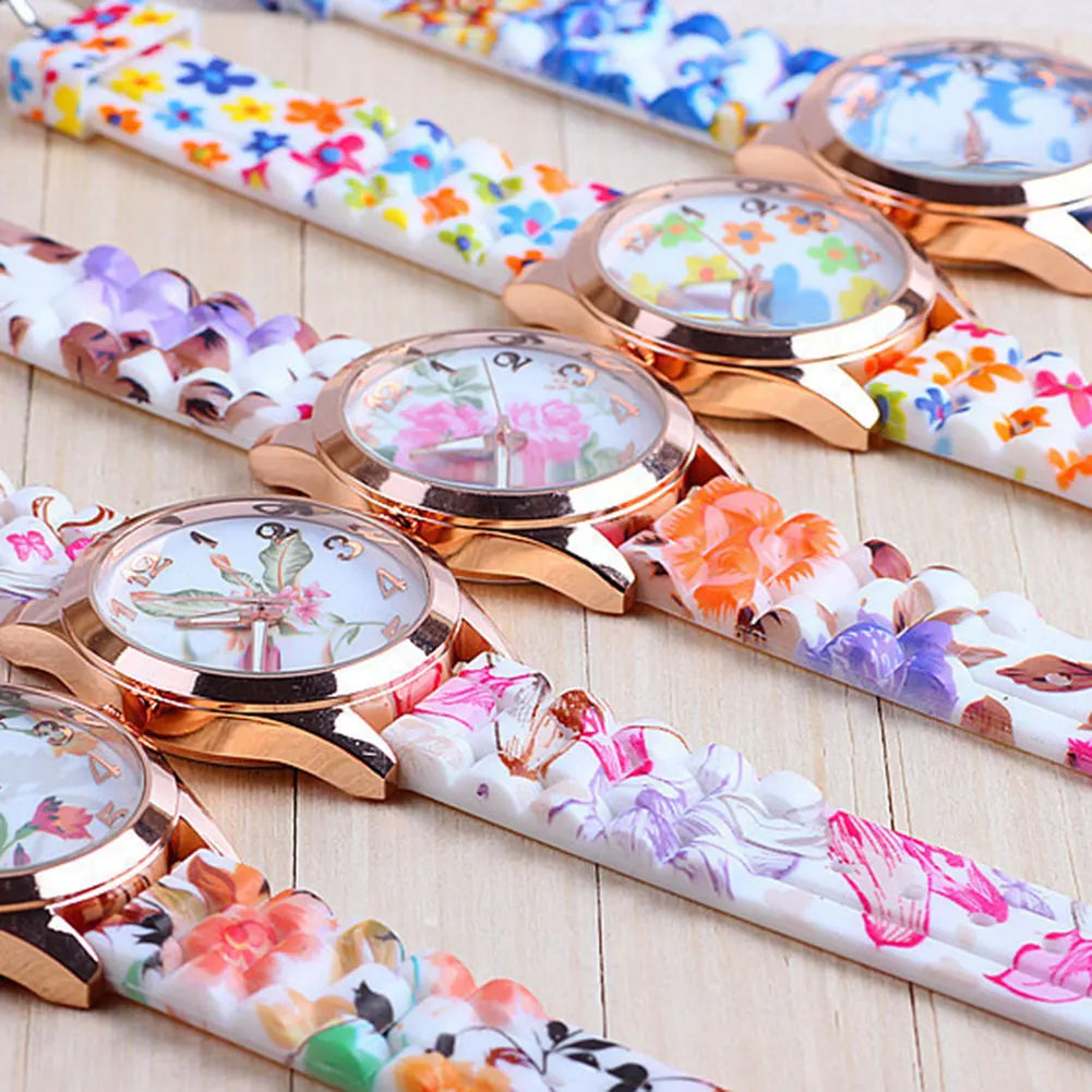 Women's Floral Dial Quartz Watch – Elegant Silicone Wristwatch