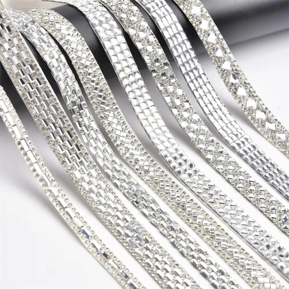 1Yard Glitter White Crystal Rhinestone Tape Trim Self-Adhesive Glass Appliques Diamond Sticker for Dress Shoe Adornment Ribbon Oasis Select