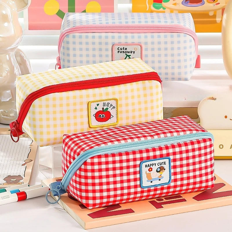 1PCs Cartoon Checkered Large Capacity Pencil Case Student School Desktop Storage Stationery Multi Layer Pen Bag Oasis Select