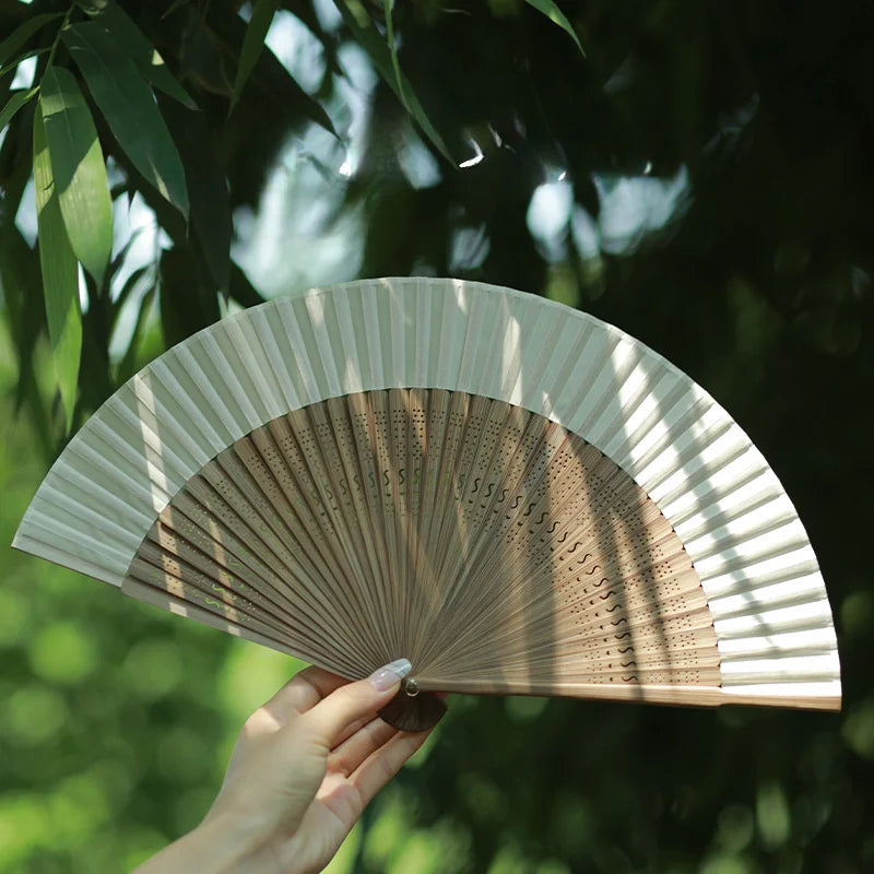 Retro Bamboo Folding Fan, Portable Summer Handheld Fan, Heart-shaped Origami Fan with Wooden Frame and White Paper Blades Oasis Select