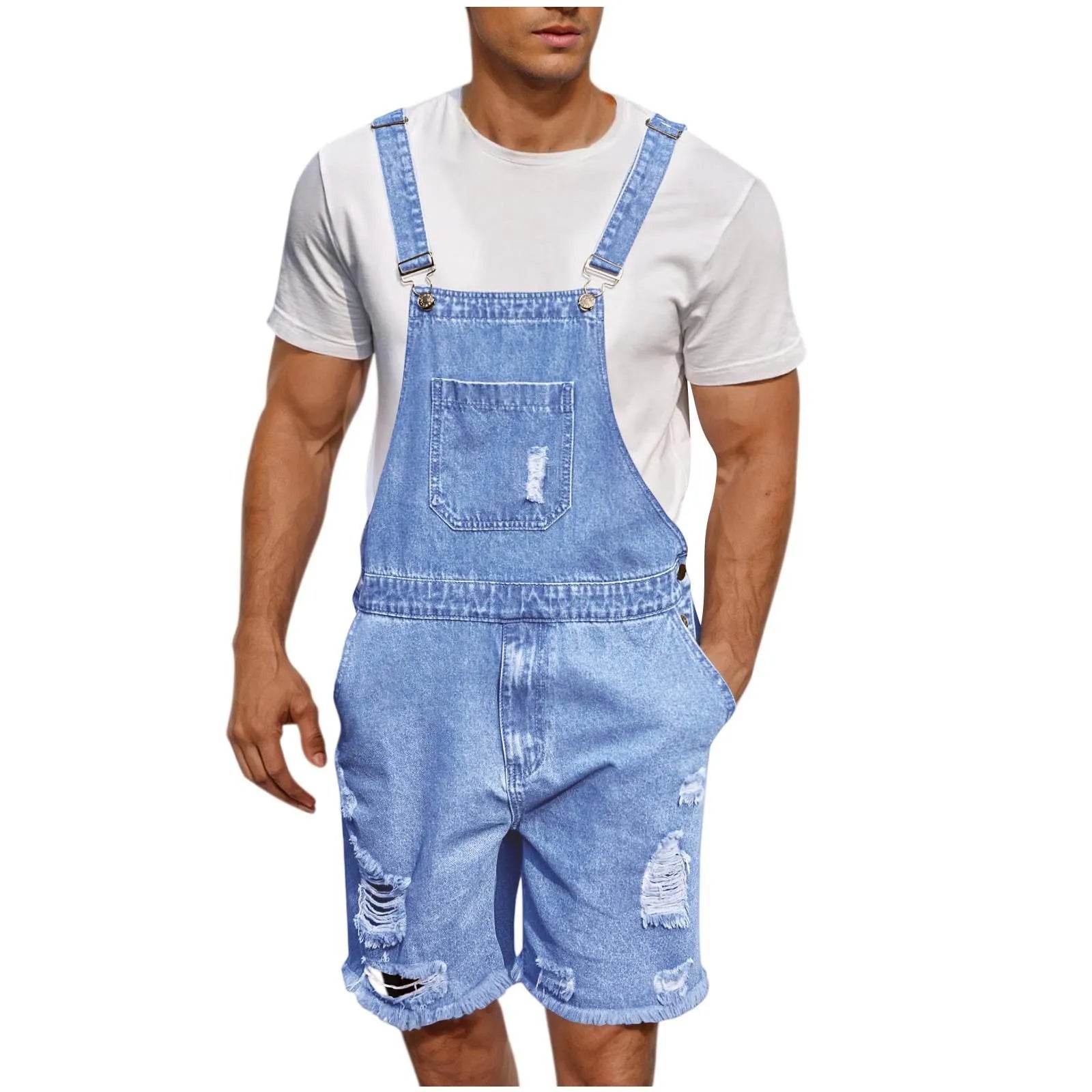 Summer Men's Vintage Jeans Overalls Elastic Denim Jumpsuit With Pockets Men Casual Button Suspenders Short Pants Oasis Select