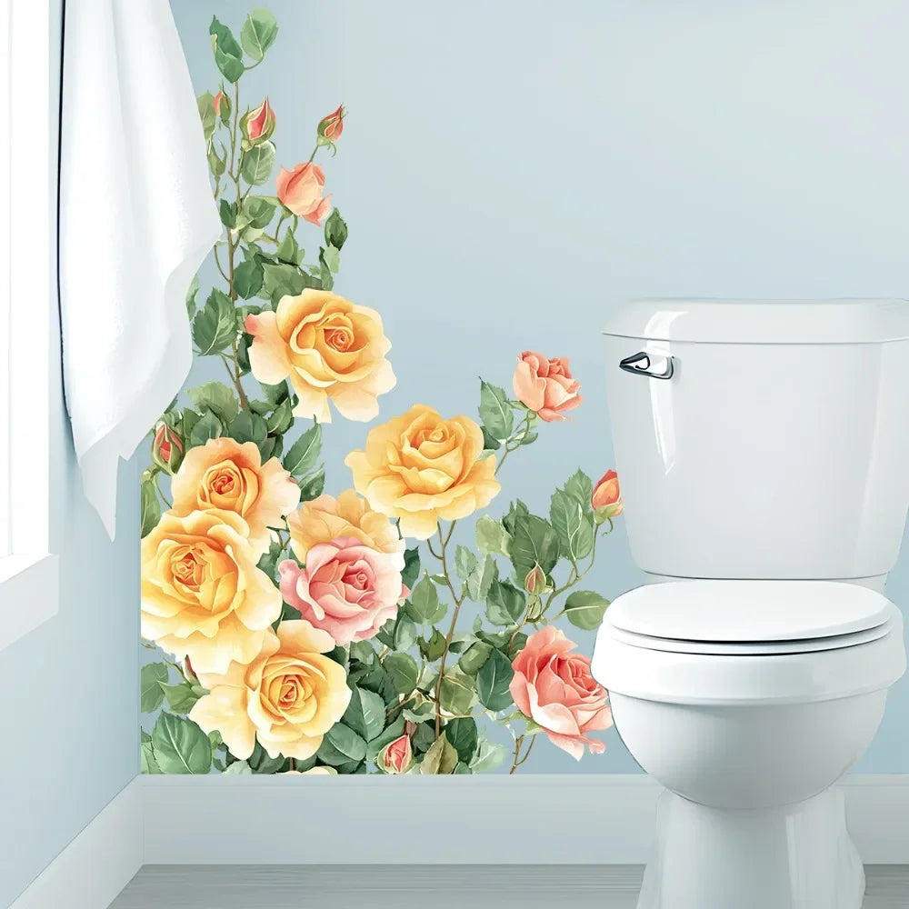Vibrant Hand Drawn Rose Floral Self Adhesive Wall Murals Suitable for Bedroom Living Area Household Wall Background Decor Oasis Select