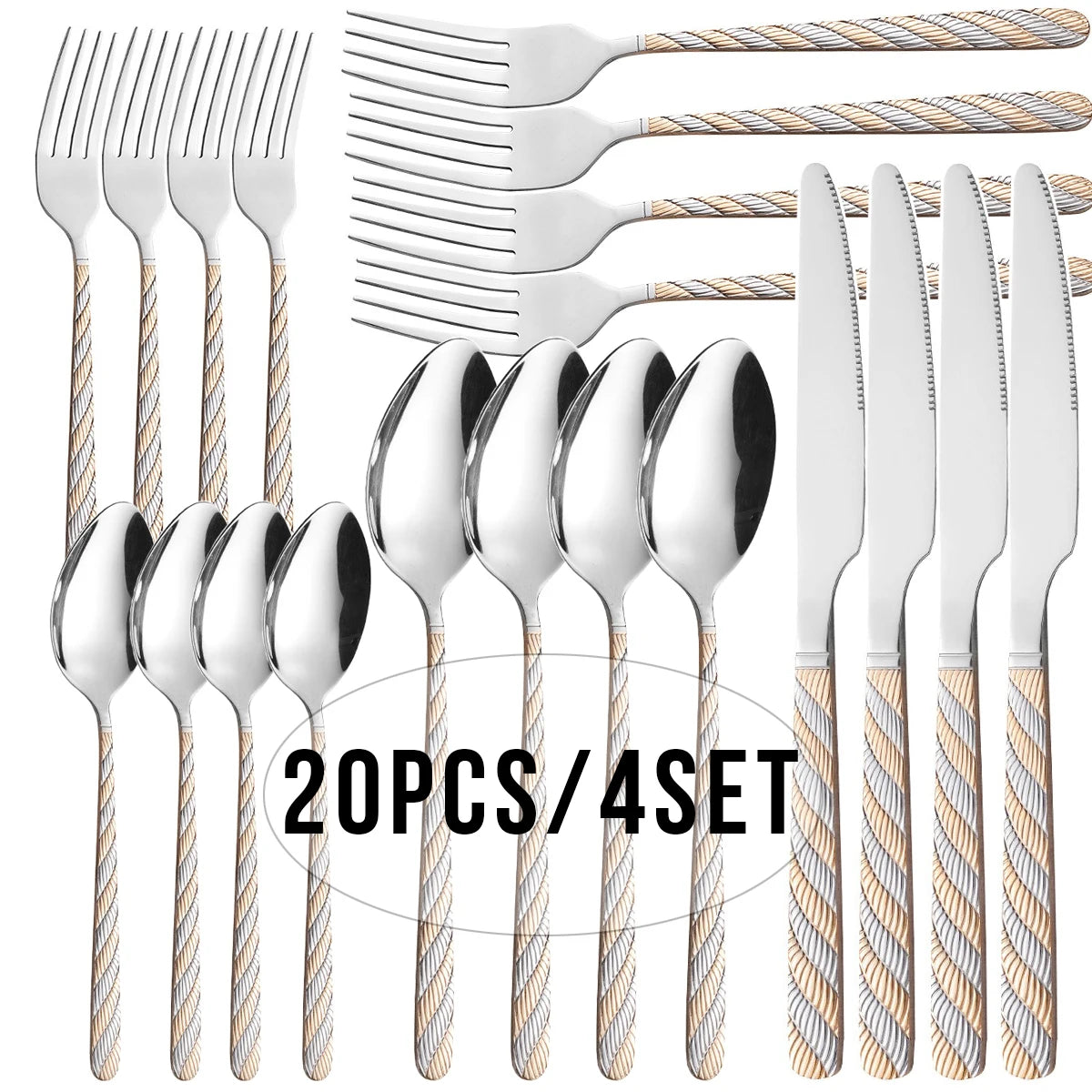 20-Piece Gold Twisted Handle Stainless Steel Flatware Set Flatware Set Oasis Select