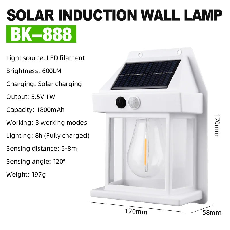 New Solar Tungsten Wall Lamp Three Modes Outdoor Villa Garden Courtyard Waterproof Decoration Induction Lantern Small Night Lamp Oasis Select White 1PCS