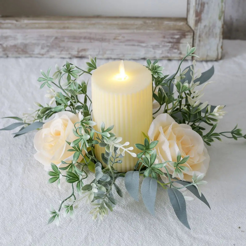 Artificial Rose Candle Ring Pillar Candles Greenery Flower Wreath Seasonal Candle Ring For Wedding Centerpiece Holiday Decor Oasis Select Champagne