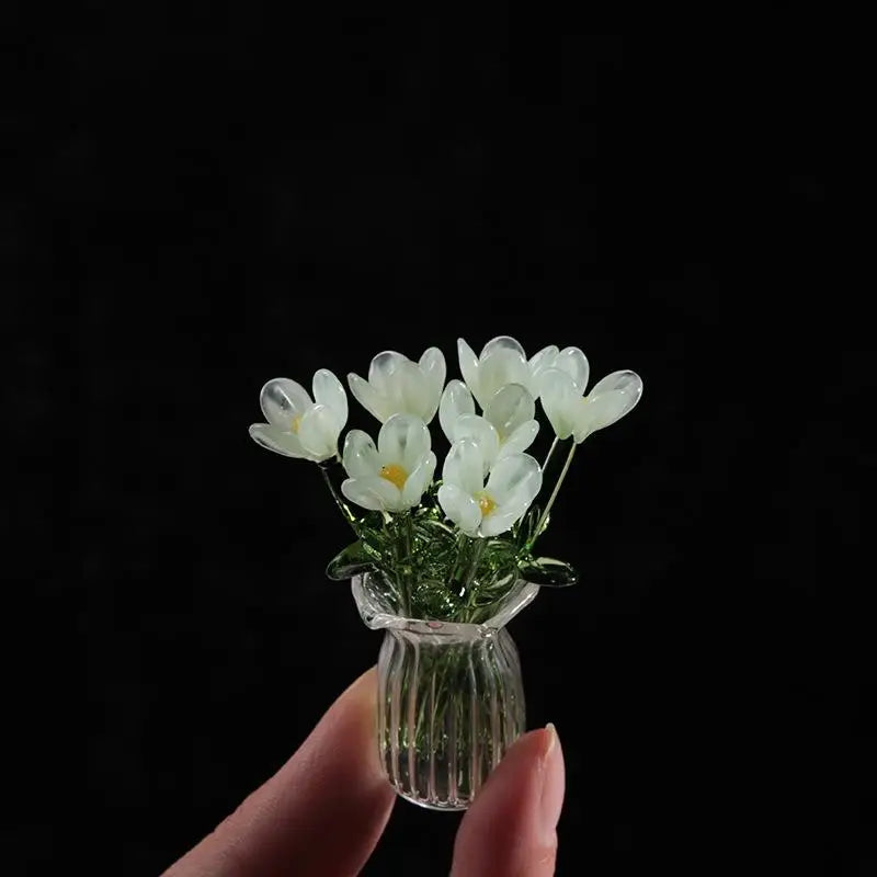 6/7Pcs Mini Lifelike Glass Flowers Simulation Flowers Handcrafted Floral Sculpture Floral Bouquet With Vase Home Decoration Gift Oasis Select A7