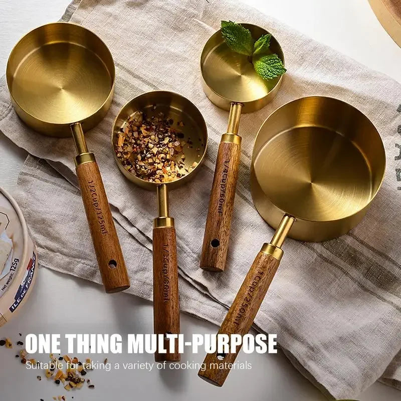 4PCS Measuring Spoon Set Stainless Steel Wooden Handle Measuring Cups Spoons Baking Tools Coffee Bartending Kitchen Accessories Oasis Select