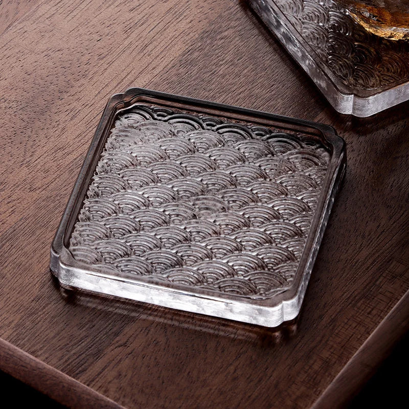 Glass Sea Wave Pattern Glass Coaster Square Round Whiskey Teacup Kung Fu Tea Cup Mat Saucer Wine Tumbler Holder Oasis Select