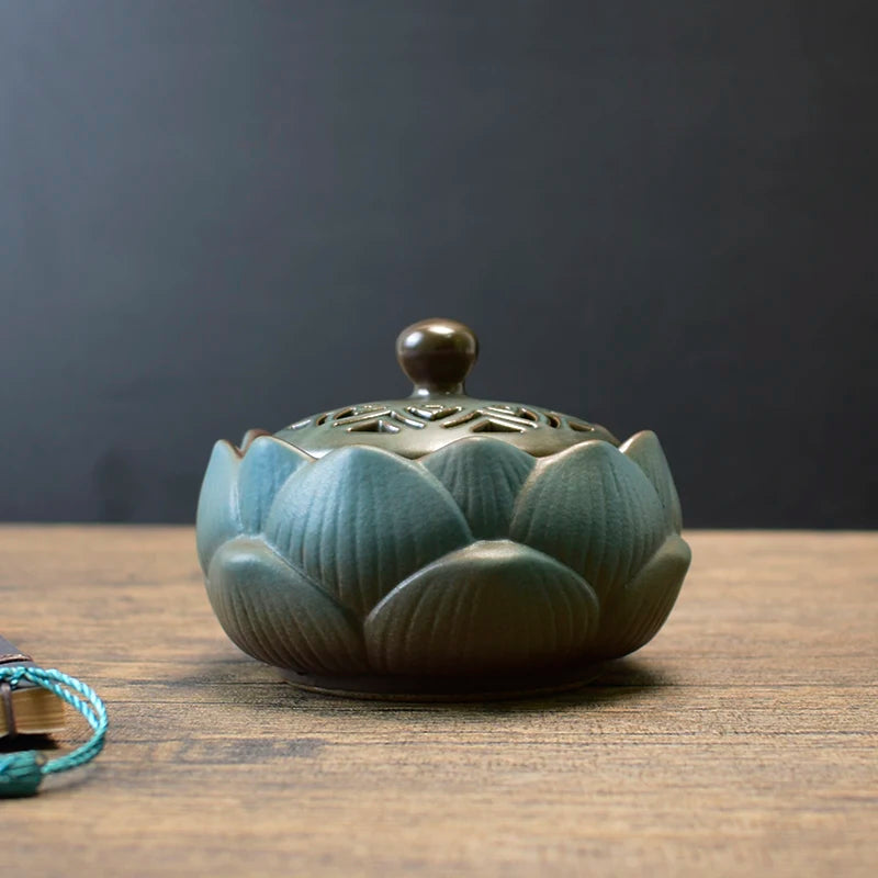 Ceramic Lotus Incense Burner Creative Retro Zen Aroma Diffuser Household Indoor Sandalwood Incense Burner Decoration Oasis Select No base