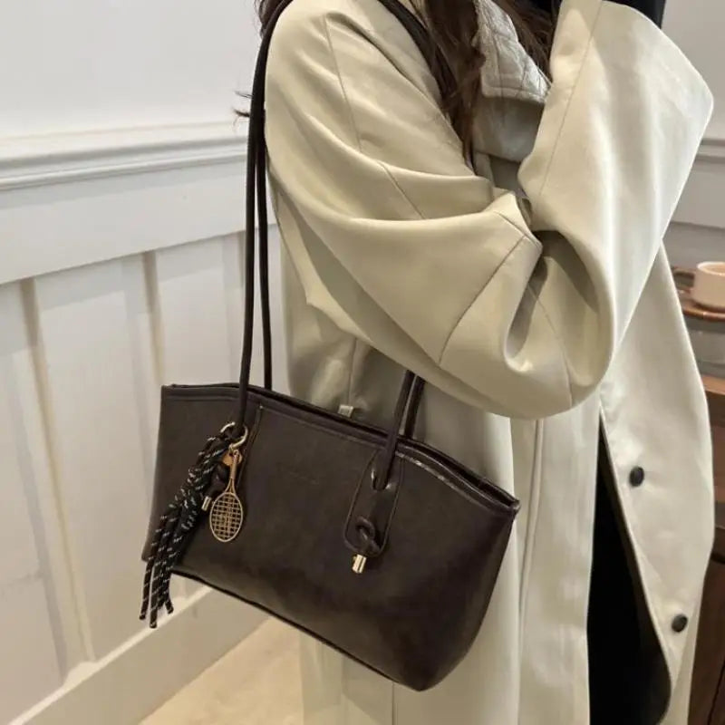 Retro PU Leather Tote Bag – Large Capacity & Charm Pendant