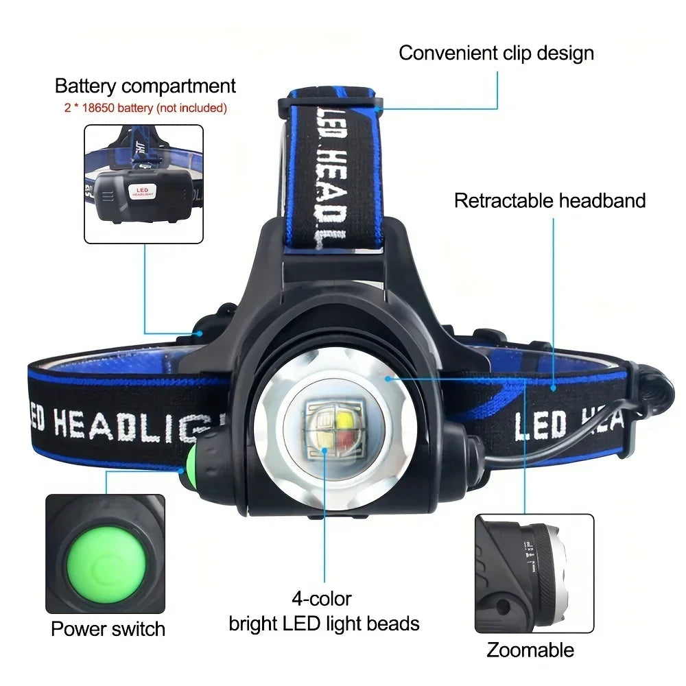Powerful 4 In 1 LED Headlamp Red/Green/White/Blue Light Rechargeable Zoomable Headlight Head Flashlight with Adjustable Beam Oasis Select