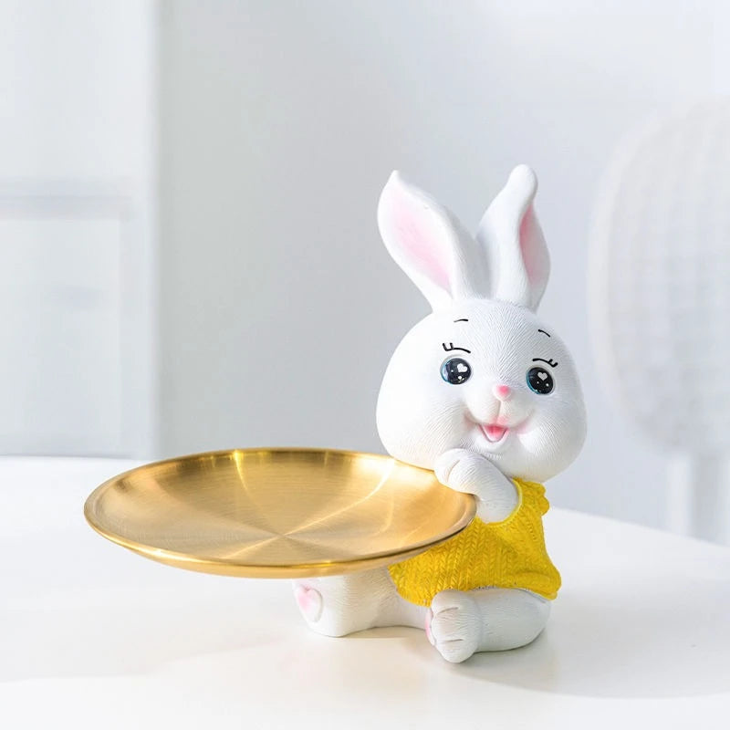 Cute Rabbit/Cat Storage Tray Multifunctional Rabbit Sculpture Key Tray Resin Bunny Statue Candy Dish Home Office Desk Decor Oasis Select C