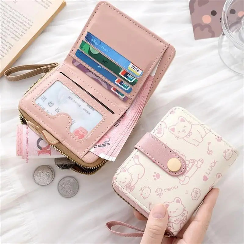 Japanese Cute Cat Girls Wallet Short Student ID Bank Card Holder Money Bag Zipper Wallets For Women Key Storage Purse Coin Purse Oasis Select