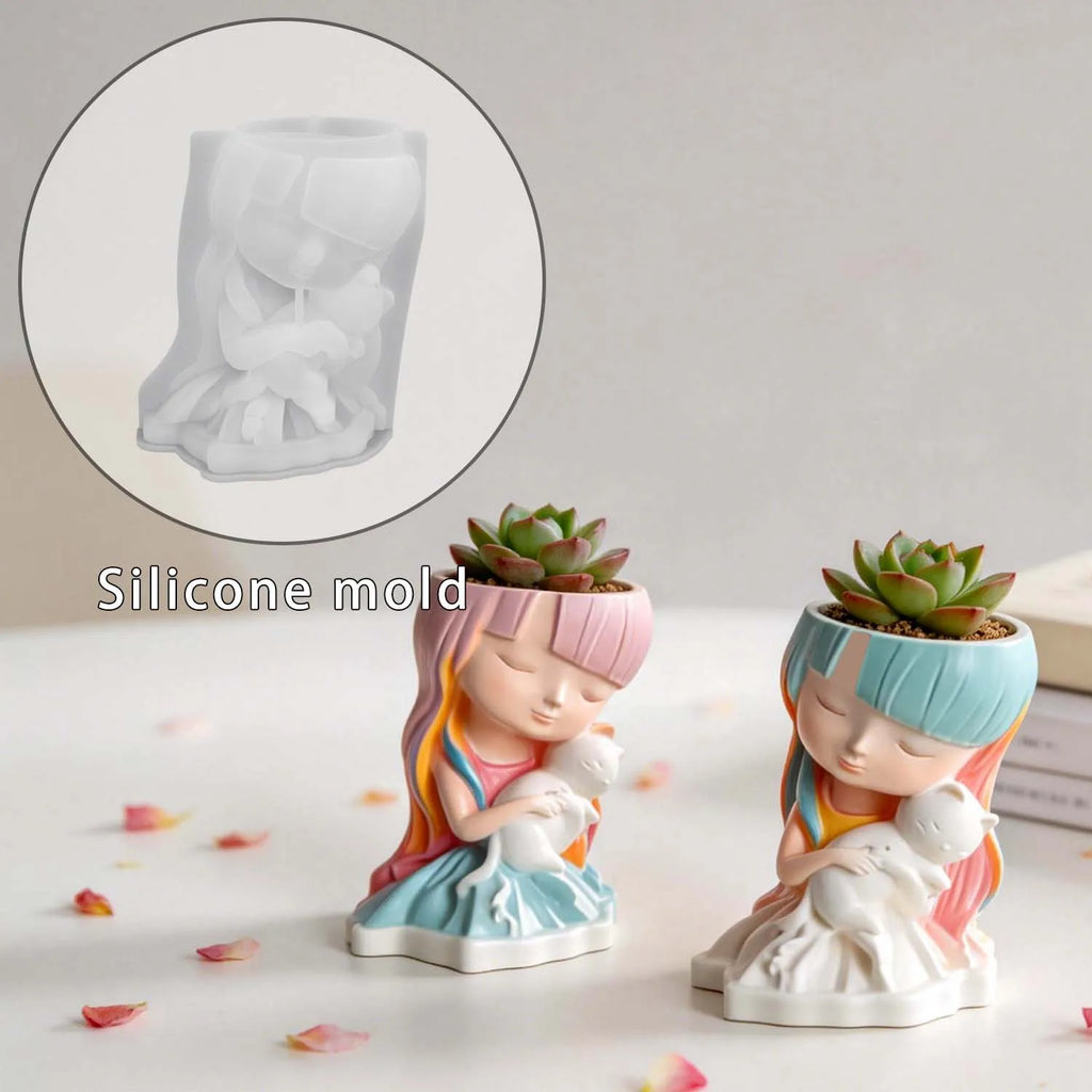 Cat & Girl Flower Pot 3D Silicone Mold – Resin Candle Craft