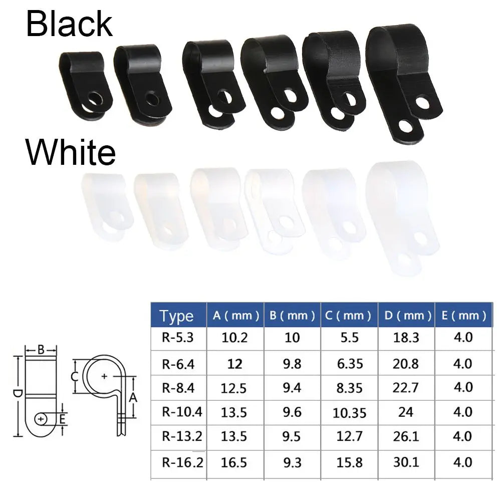 100PCS R-Type Nylon Cable Clamp Plastic P Clips Black Nylon Fasteners Cable Mounting Fix Hardware Electrical Fittings Durable Oasis Select